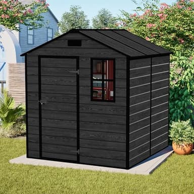 Outdoor Storage Shed 6x6 FT, Resin Shed with Floor, Waterproof Plastic Garden Bike Shed with Lockable Door, Sloped Roof, Vents & Windows, Tool Shed for Patio, Backyard, Lawn (Wood Grain Black, 6X6ft)