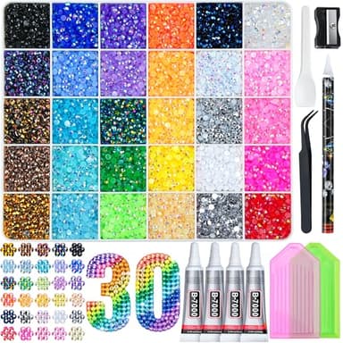 LOTWOW 40000 Pcs Resin Jelly Rhinestones Kit, 30 Colors 3mm Flatback Rhinestones with 4 Pcs B7000 Jewelry Glue & Tools, All-in-One Bedazzling Kit for DIY Arts & Crafts Gifts