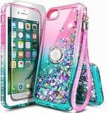NGB Supremacy Compatible for iPhone 5/5S/iPhone SE (2016 Edition) Case with Tempered Glass Screen Protector, Ring Holder/Wrist Strap, Girls Women Kids Sparkle Glitter Liquid Cute Case (Pink/Aqua)