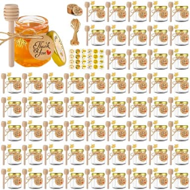 GIVAMEIHF Mini Glass Honey jars-1.5 oz,60pcs Hexagon Honey Jars with Wood Dipper,Stickers,Bee Pendants,Tags,Rope,Small Honey Jars with Lids,Perfect for Wedding Favors,Jams,Baby Shower,Party Favors