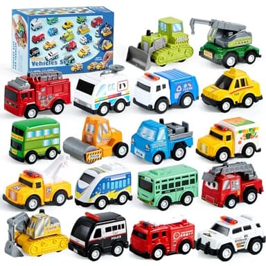 JOYIN 18 Pcs Pull Back City Cars and Trucks Toy Vehicles Set, Friction Powered Cars Toys for Toddlers, Kids Stocking Stuffers, Treasure Box Gifts for Classroom, Gifts for Grandkids, Easter Basket