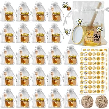 Aliggbent 96 Pack Mini Honey Jars Party Favors in Bulk, 1.5 oz Small Hexagon Glass Honey Jars with Dippers, Lids, Cute Stickers, Bee Charms, Gift Bags and Jute for Baby Showers, Weddings & Birthdays