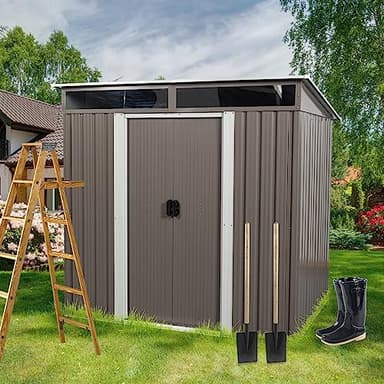 Favfurish 6Ft x 5Ft Outdoor Metal Storage Shed, Weatherproof Garden Shed with Double Sliding Doors and Padlock, Transparent Plate, Punched Vents, Utility Tool House for Lawn Backyard, Gray