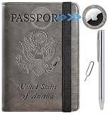 Airtag Passport Holder Cover Wallet Travel Essentials RFID Blocking Leather Card Case International Must Haves Travel Accessories for Women Men(119#Grey)