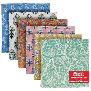 AVKA Studio Unisex Handkerchiefs – 16x16 Soft Cotton Handcrafted Hankies for Men & Women – Sweat Absorbing, Machine Washable, Thin & Lightweight – pack of 6