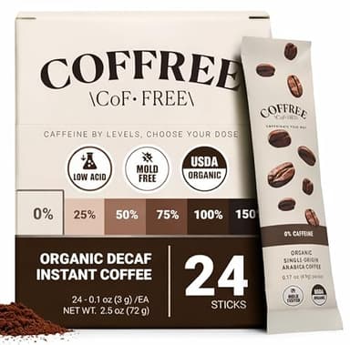 COFFREE Organic Instant Coffee Packets - 0% Decaf Convenient Coffee Sticks, Mold Free, Low Acid Arabica Beans for On-the-Go Energy - Hot or Cold Balanced Taste Single Serve Travel Packets 24 Count
