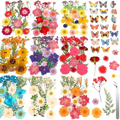 235 Pcs Pressed Dried Flowers for Resin, Natural Real Dried Pressed Flowers for Crafts, Bulk Dry Flowers for Resin Molds, Candles, DIY Art Jewelry Making with Tweezers Butterfly Stickers Set Decorate