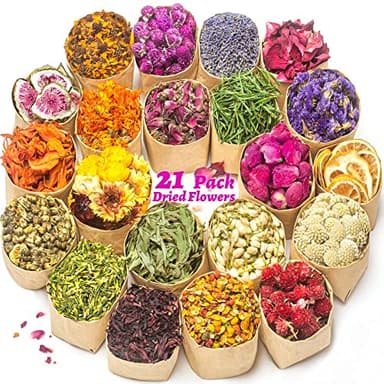 LAVEVE Dried Flowers, 21 Bags 100% Natural Dry Flower Herbs Kit for Soap, DIY Candle, Bath, Resin Jewelry Making Include Lavender, Don't Forget Me, Lily, Rose Petals, Jasmine and More