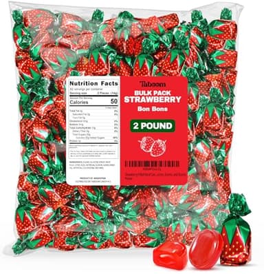 Strawberry Filled Hard Candy Bon Bons 2 lbs Bulk Pack - Individually Wrapped Christmas Fruit-Filled Candy, Classic Strawberry Hard Candy for Holiday Treats, Parties, and Snacks