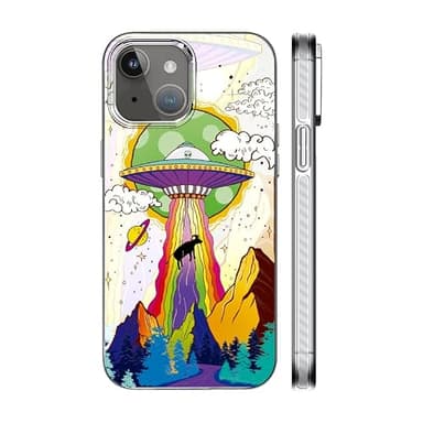 KIOMY 【Upgraded】【3D Version】 Case for iPhone 15, 3D Reflection Effect with Funny Alien UFO Design, Cute IMD Laser Shockproof Silicone Protective Cover for Boys Girls Cattle Mutilations Mystery