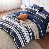 Bedsure Twin Comforter Set 5 Pieces, Navy Striped Bedding Set for Twin Size Bed Reversible, Cationic Dyeing Bed in a Bag with Comforter, Sheets, Pillowcase & Sham