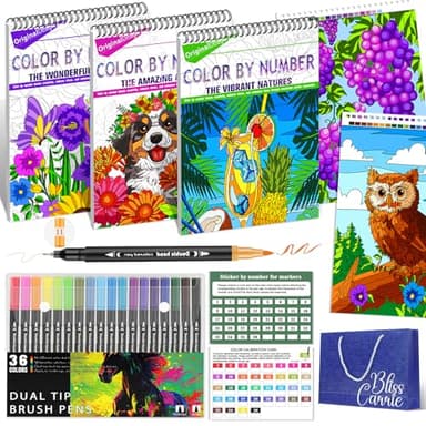 ADEVIAN 3-in-1 Color by Numbers Adult Coloring Books with 36 Colors Markers – Spiral Bound & Single-Sided, Easy Number Matching & Tear-Out for Framing, Stress Relief & Creativity for Beginners
