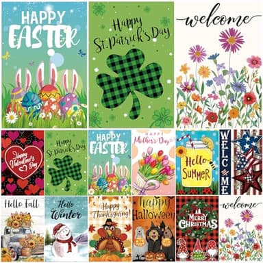 Seasonal Garden Flags Set of 12 Double Sided 12 x 18 Inch, Small Yard Flags for Outside, Summer Fall Garden Flag, Christmas Halloween Winter Outdoor Flag, Holiday Garden Decorations for All Season