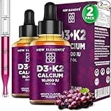 [2 𝐏𝐚𝐜𝐤] Liquid Vitamin D3 K2 Drops with Calcium for Adults | Vitamin D3 10,000 IU | D3 K2 with Calcium for Bone Health & Immunity Support | Joint Health Supplement | Non-GMO | Vegan