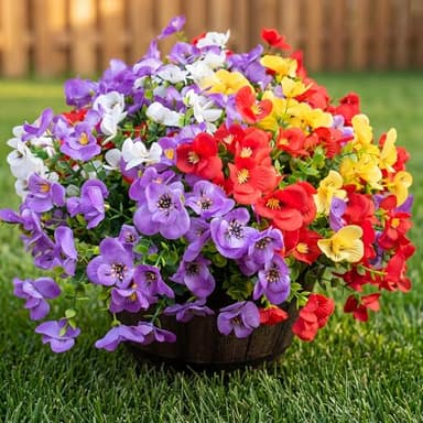 Vemander Artificial Flowers for Outdoor, UV Resistant Fake Silk Pansies Flowers, Realistic Faux Plants for Outside Indoor Porch Patio Window Box Planter Home Decor (16, Yellow Purple White Red)