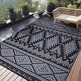 OLANLY Outdoor Rug Waterproof 9x18 ft, Reversible Outdoor Plastic Straw Rug, Boho Patio Rug, Indoor Outdoor Carpet, RV Mat Outside for Patio, Camp, Picnic, Balcony, Deck, Backyard, Black & Grey