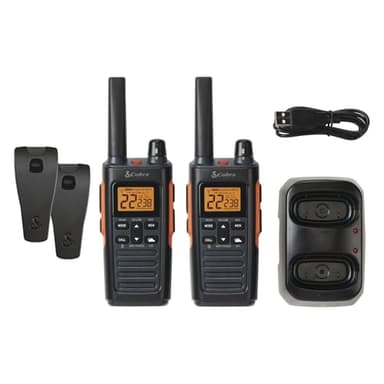 Cobra RX680 Walkie Talkies (2-Pack) - Rugged & Splashproof Two Way Radios Long Range, IP54 Water Resistant Design, 60 Pre-Programmed Channels, Weather Alerts, Included Charging Dock (Black/Orange)