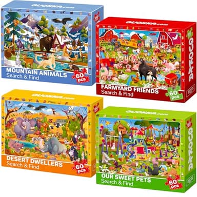 QUOKKA Puzzles for Kids Ages 4-6 - Toddler Puzzles Ages 3-5 - 4-Pack 60 Piece Search and Find Animals Jigsaw Puzzle 6-8 - Learning Toys for 3 Year Old Boys and Girls - Educational Games Gift