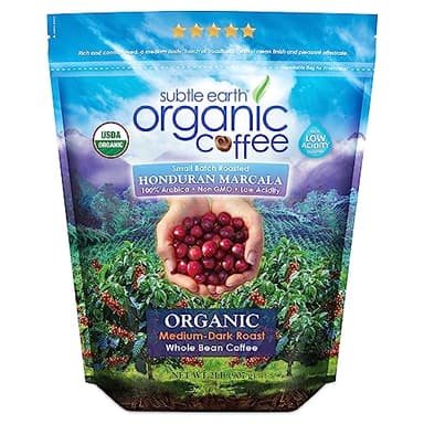 2LB Subtle Earth Organic Coffee - Medium-Dark Roast - Whole Bean Coffee - 100% Arabica Beans - Low Acidity and Non-GMO - 2lb bag