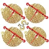 Chains and Binders Kit 3/8"-1/2", Ratchet Load Chain Binders with 3/8" x 10FT G80 Tow Equipment, 7100 Lbs WLL, Self-Locking Hooks, 28400 Lbs Break Strength for Truck, Trailer and Heavy-Duty Transport