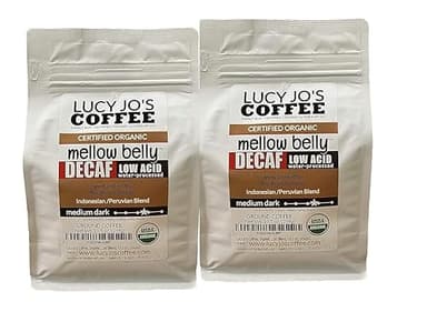 Lucy Jo's Coffee, 2 PACK, Organic Decaf Mellow Belly Low Acid Blend, Medium Dark, Ground, 2 10.5 oz bags