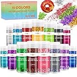 HTVRONT Holographic Chunky Glitter for Crafts - 15 Colors Holographic Glitter for Resin, Each 10g Craft Glitter Set, Chunky Glitter for Nails, Face, Tumblers, Body, Hair, Painting, Epoxy, Art Glitter