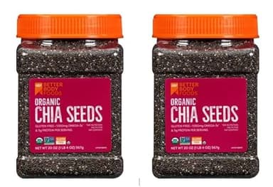 Better Body Foods, Organic Chia Seeds with Calcium, Iron, Potassium, 5350mg Omega-3s, Non-GMO and Gluten Free | Add Omega 3 Protein to Salad, Smoothie, Oatmeal Acai Bowl | Pack of 2 - 567 grams Airtight Jars