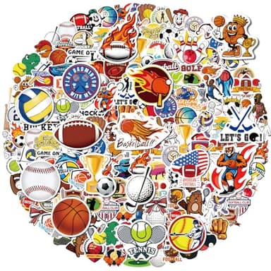 Anwyll 300Pcs Sports Stickers for Kids - Vinyl Sports Water Bottle Stickers Self Adhesive Football Basketball Soccer Volleyball Baseball Sticker Bulk for Helmet Laptop Boy Girl Party Classroom Prizes