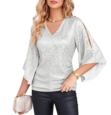 GRACE KARIN Women's Sequin Silver Top Sparkly 3/4 Sleeve Party Shirts Dressy Glitter Slim Fit Concert Blouses 2XL