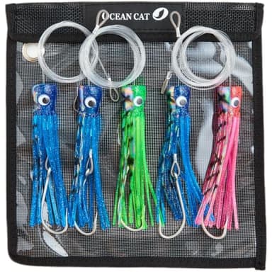 OCEAN CAT Teaser Chain Trolling Lure Saltwater Fishing Lure Bag with Circle Hook and Fishing Line Fully Rigged Teasers for Wahoo Tuna Marlin Mahi Mahi (#034-Mixed Color-5 pcs, 6 in+9/0 Hook)