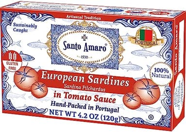 Santo Amaro - Authentic European Sardines in Tomato Sauce from Puree, Hand-packed Canned Sardines in Tomato Sauce from Portugal, Wild Caught Portuguese Sardines, 23g Protein, Paleo, Dash, Pack of 6