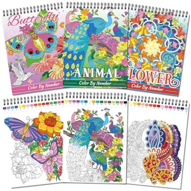 Kalysky Relaxation Adult Coloring Books - Color by Numbers,3 Coloring Books for Adult or Women,Theme - Flower,Butterfly,Animal