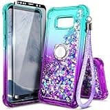 NZND Case for Samsung Galaxy S8+/S8 Plus with Screen Protector (Maximum Coverage, Flexible TPU Film), Ring Holder/Wrist Strap, Women Girls Kids Sparkle Glitter Liquid Cute Case (Aqua/Purple)