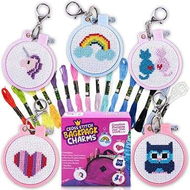 CRAFTILOO Cross Stitch Kit for Kids - 5 Easy Stamped Cross Stitch Kits for Beginners | Embroidery Kit for Girls Ages 7-13 | Needlepoint Craft Set, Backpack Charms & Keychains