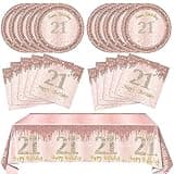 21th Birthday Decorations for Girls Rose Gold Birthday Party Supplies Include 21st birthday Tablecloth plates and napkins for her for Rose Gold Sweet 21 Birthday Party Decoration