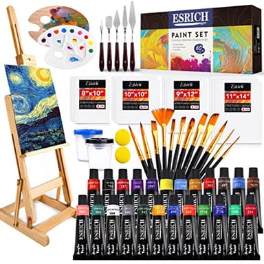 ESRICH Professional Acrylic Paint Set, 60PCS with Painting Brushes,Acrylic Paints,Easel,4 Sizes Blank Canvases,Palette, Paint Knives,Brush Cup and Art Sponges for Adults Hobbyists and Beginners