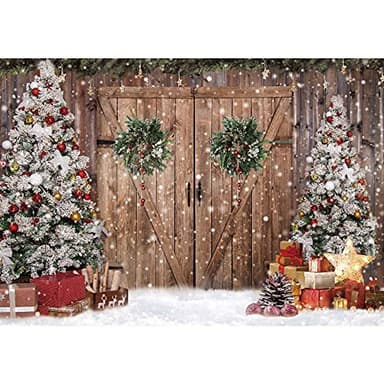 Felortte 10x8FT Polyester Fabric Winter Christmas Rustic Barn Wood Door Photography Backdrop Xmas Tree Snow Background Banner for Family Holiday Party Decoration Supplies Photo Studio Props Pictures