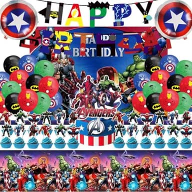46Pcs superhero Birthday Party Supplies, Avengers Party Decorations Set Include Banner, Backdrop, Balloons, Hanging Swirls, Cake Cupcake Toppers, Tablecloth for Boys Girls Avengers Theme Party