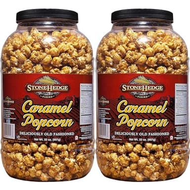 Stonehedge Farms Caramel Flavored Popcorn | 32 oz Tub (Pack of 2) | Perfect for Holidays and Christmas | Reclosable Barrels | Bulk Gourmet Popped Carmel Pop Corn