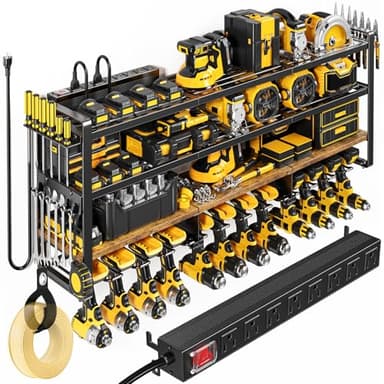 POKIPO 49.5" W Large Power Tool Organizer with Charging Station, 4 Layer Heavy Duty Utility Rack Loads 800lbs, Holds 8 Cordless Drills, Wall Mount Tool Shelf with 8-Outlet Power Strip, Gift for Men
