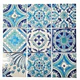 Set of 9 Decorative Ceramic Tiles – Hand Painted Indoor & Outdoor – Spanish Artisan Top Kitchen – Mediterranean Tiles 3.94x3.94" / One Tile – Durable Colorful – 140 g Each (Turquoise & Blue)