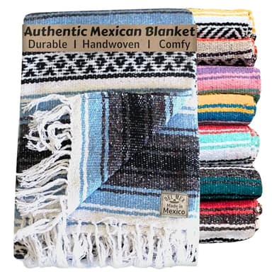 Del Mex Classic Mexican Blanket, Large Authentic Woven Falsa Throw (70"x50"), Artisan Southwest Décor for Beach, Yoga, Outdoors (Light Blue)