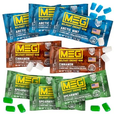 MEG - Military Energy Gum | 100mg of Caffeine Per Piece + Increase Energy + Boost Physical Performance + Multi Flavors of Arctic Mint, Spearmint, & Cinnamon + 8 Packs (40 Count)
