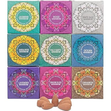 Set of 9 Backflow Incense Cones Gift Variety Pack - White Sage, Dragons Blood, Palo Santo, Jasmine, Lavender, Ocean, Sandalwood, Cinnamon, Rose for Waterfall Aromatic Smoke Fountain Haze Falls