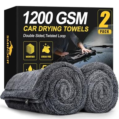 SMINDER 2-Pack 1200 GSM Car Drying Towels – Microfiber Towels for Cars (36" x 24"), Ultra-Absorbent, Streak-Free, Scratch-Free, No Water Spots, Double-Twist Pile & Edgeless Design