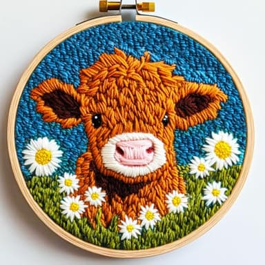 DIY Punch Needle Kits for Beginners Cute Cartoon Highland Cow with Daisy Flower with Hoop Embroidery Punch Needle Starter Craft Set Easy for Adults and Children Festival Gift and Decoration 20x20cm-1