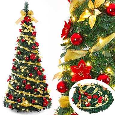 Decoway Pre Lit Pre Decorated Christmas Tree Pop Up Christmas Tree and Warm White LED Lights,Holiday Party Decorations,Red Gold (Yellow, 6 FT)