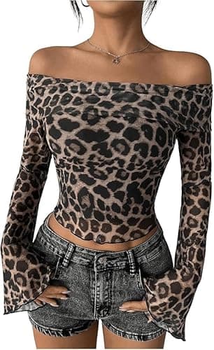Women Leopard Print Off Shoulder Mesh Top Sheer Sexy See Through Slim Long Sleeve Flared Cuffs Y2K Crop Top Blouse (US, Alpha, Large, Regular, Regular, Khaki)
