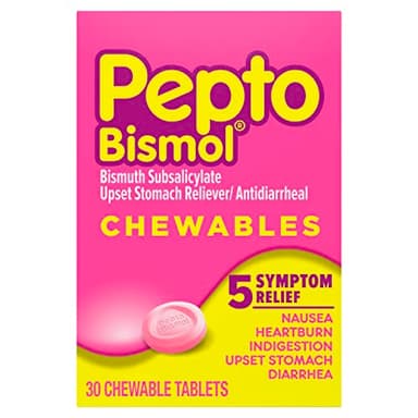 Pepto Bismol Chewable Tablets, Upset Stomach Relief, Nausea Relief, Heartburn Relief, Indigestion Relief, Anti Diarrhea Medication for Adults - 5 Symptom Relief, 30 ct