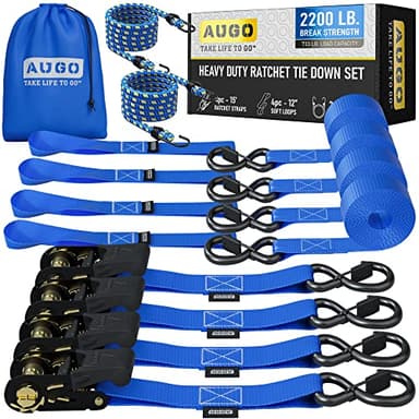 AUGO Ratchet Straps Heavy Duty 4 Pack -15 FT - 2200 LB Break Strength – with Safety Lock S Hooks - Cargo Straps for Moving, Appliances, Motorcycle – Soft Loop Tie Down Straps